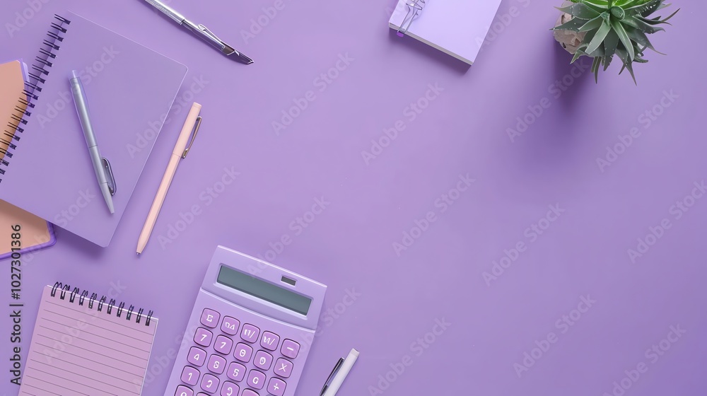 Flat lay with a calculator, a few notebooks and pens on a purple background. Flat lay with a calculator, a few notebooks and pens on a purple background.