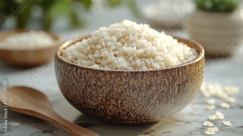 A rustic bowl filled with white rice, set against a blurred background featuring blurred decorations and additional bowls of rice. photo