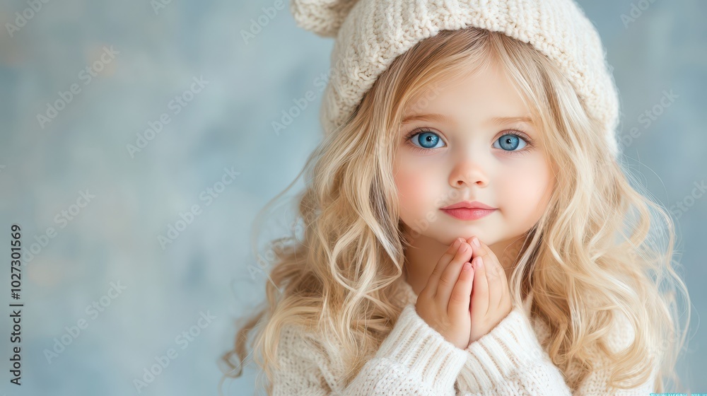 A cute girl with curly hair wearing a knitted hat, in a cozy setting, looking playfully at the camera with bright blue eyes A cute girl with curly hair wearing a knitted hat, in a cozy setting, looking playfully at the camera with bright blue eyes