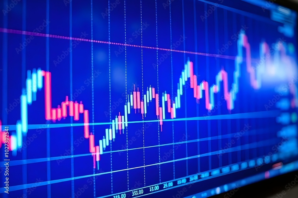 Closeup financial chart with uptrend line candlestick graph in stock market on blue color monitor background Closeup financial chart with uptrend line candlestick graph in stock market on blue color monitor background