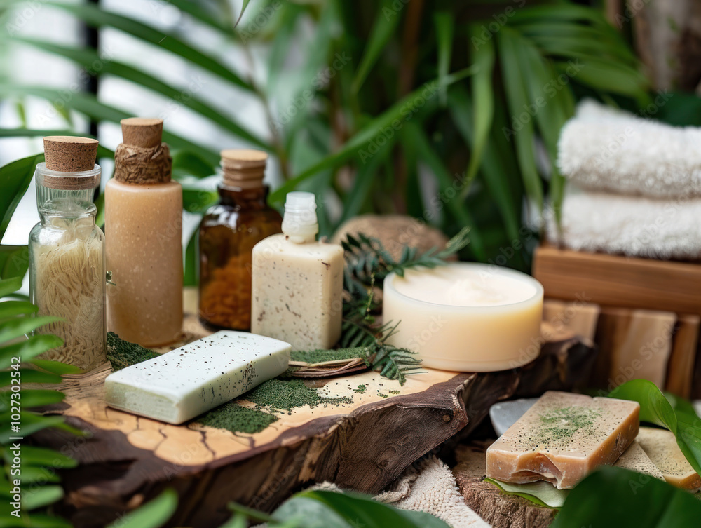 Close-up of natural, organic beauty products made with sustainable ingredients, presented with greenery in the background Close-up of natural, organic beauty products made with sustainable ingredients, presented with greenery in the background