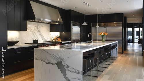 Fototapeta Naklejka Na Ścianę i Meble -  Contemporary kitchen with matte black cabinetry, a marble island with waterfall edges, and integrated stainless steel appliances, complemented by warm pendant lighting and minimalist design elements.