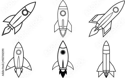 Rocket Vector Silhouette line art Icon Set