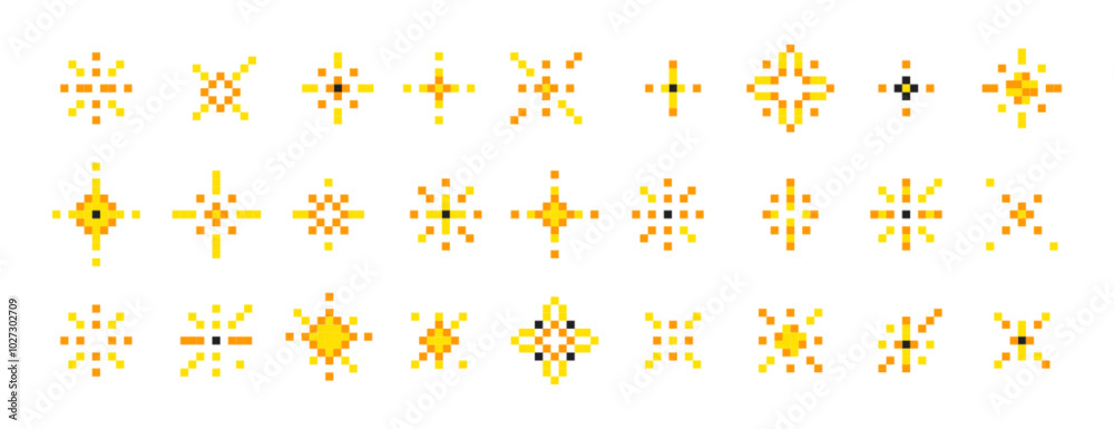Pixel art glitter stars set in 8bit retro style. Pixelated sparkles or firework bursts. Sparkling elements, shiny sparks vector illustration. Collection of simple minimal yellow twinkle shining icons