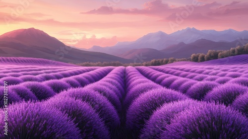 A stunning lavender field stretches towards distant mountains, bathed in soft pink and purple hues during sunset, creating a serene and picturesque landscape.