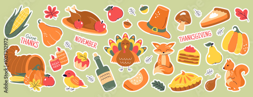 Holiday sticker set of thanksgiving day. Vector doodle autumn elements with roast turkey, fall leaves, cornucopia, vegetables, animals, pumpkin, pilgrim hat, pie, wine, candles. Harvest festival icons