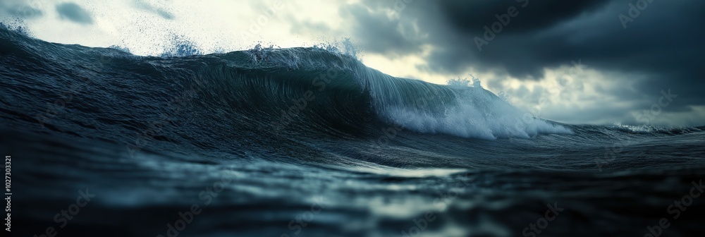 Fototapeta premium A large, turbulent ocean wave rises under a foreboding, cloudy sky, capturing the essence of nature's power and the stormy ocean landscape.