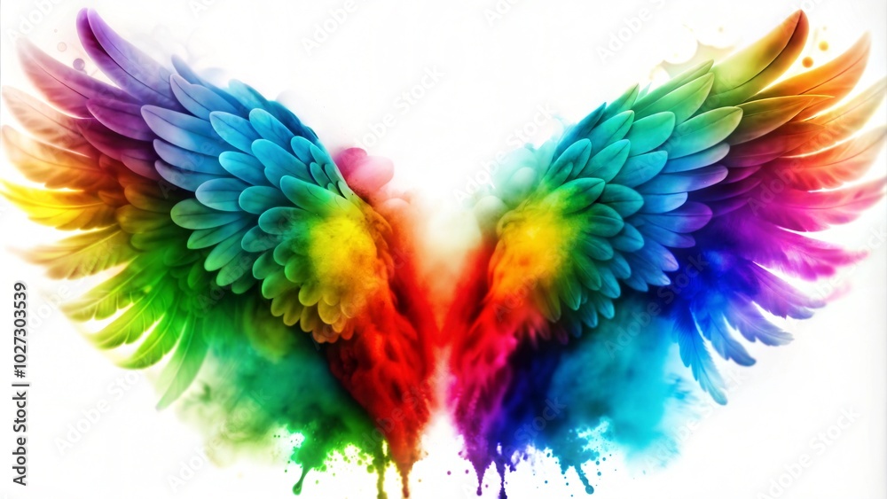 Vibrant watercolor illustration of angel wings in rainbow colors with splashes
