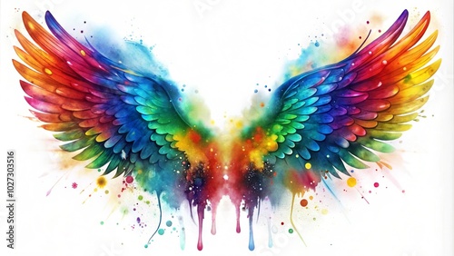 Vibrant watercolor illustration of angel wings in rainbow colors with splashes