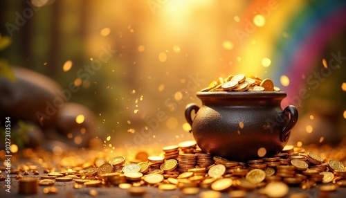 Black pot filled with golden coins surrounded by shiny coins and a rainbow in a magical forest, copy space photo