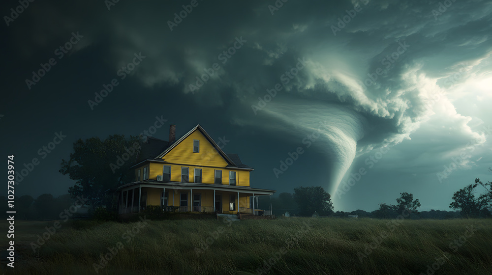 Yellow house beneath swirling storm clouds with a tornado forming on the horizon Yellow house beneath swirling storm clouds with a tornado forming on the horizon