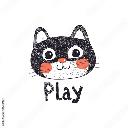 Playful Hand-Drawn Cat Illustration with Play Text for children s designs, fun decor, or playful artwork projects.
