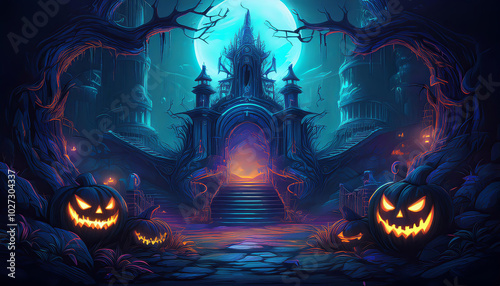 Dark Halloween background with an entrance to a secret chamber and some stairs 4 photo