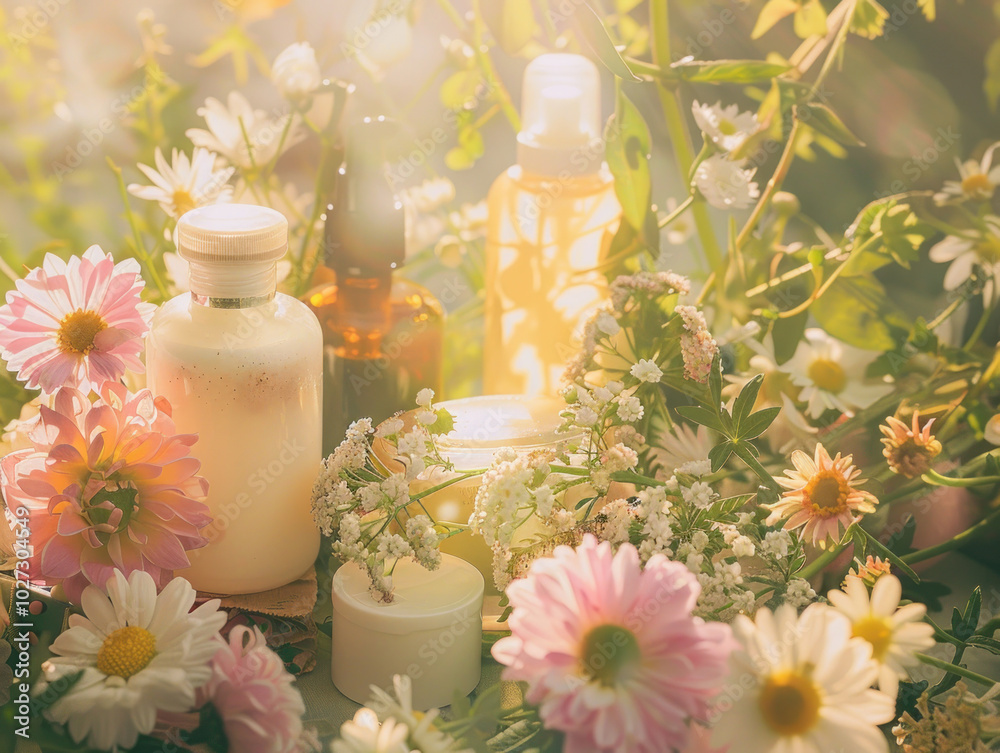 Organic beauty care products surrounded by flowers, captured in soft sunlight to emphasize natural beauty Organic beauty care products surrounded by flowers, captured in soft sunlight to emphasize natural beauty