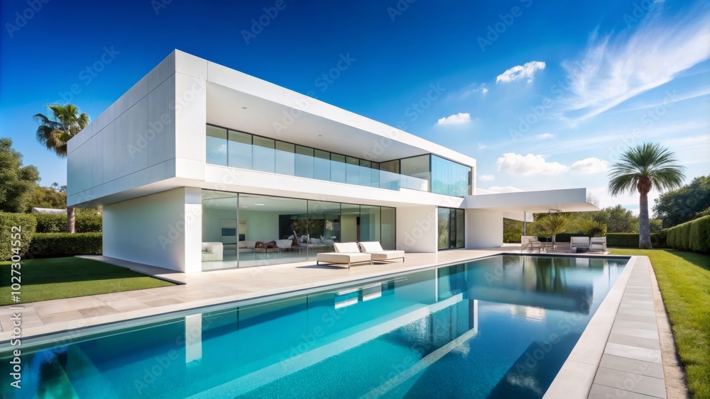 Fototapeta premium A stunning white villa featuring a serene swimming pool, set against a vibrant blue sky, exemplifies modern luxury architecture and sophisticated design elegance.