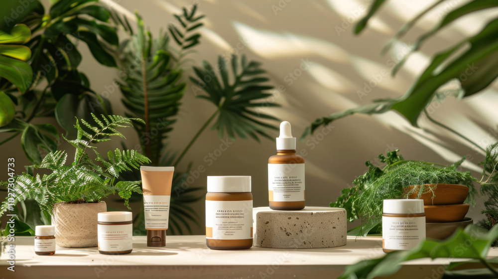 Organic skincare products displayed in reusable containers, set against a backdrop of green plants Organic skincare products displayed in reusable containers, set against a backdrop of green plants