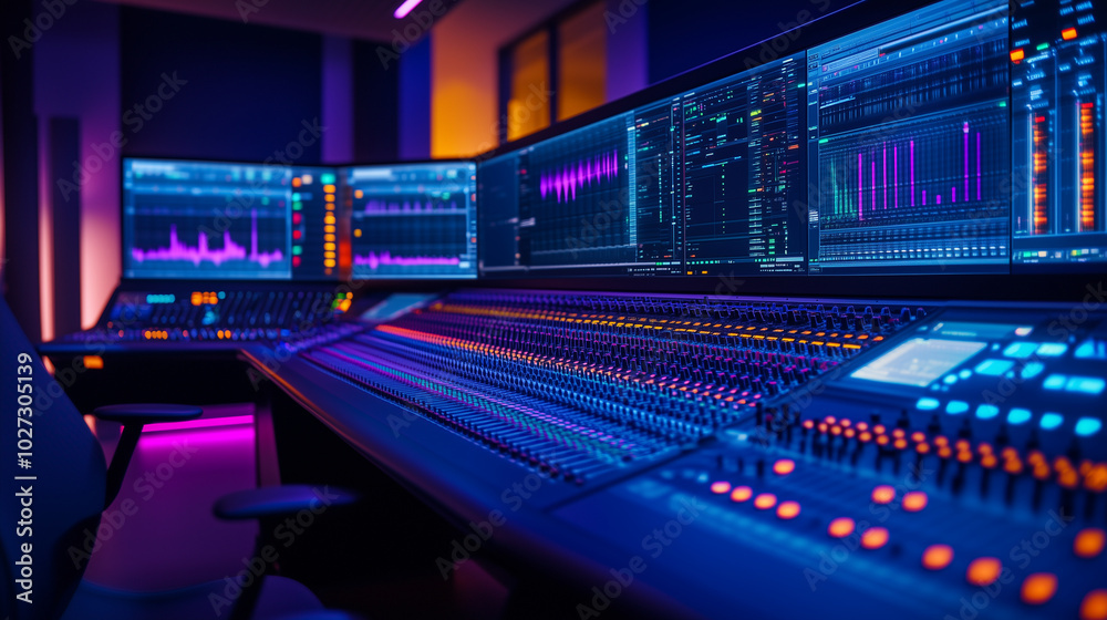 An immersive view of a music production studio, showcasing a complex soundboard with faders, knobs, and glowing LEDs. Multiple screens display sound waveforms and audio tracks in p An immersive view of a music production studio, showcasing a complex soundboard with faders, knobs, and glowing LEDs. Multiple screens display sound waveforms and audio tracks in p