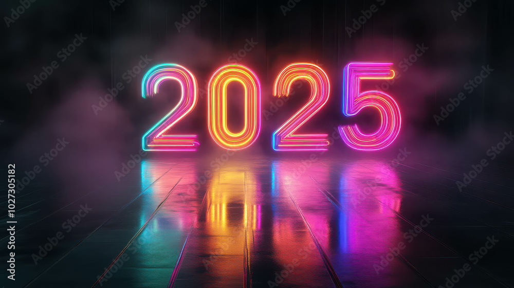 Neon 2025: Glowing Future. A vibrant, futuristic neon sign illuminates the year 2025, casting a radiant glow on a dark, atmospheric setting. The reflection enhances the futuristic mood. Neon 2025: Glowing Future. A vibrant, futuristic neon sign illuminates the year 2025, casting a radiant glow on a dark, atmospheric setting. The reflection enhances the futuristic mood.