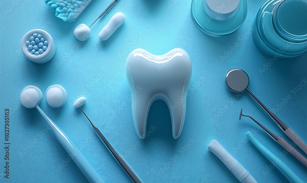 Professional Dental Tools and Tooth on a Blue Surface. Generative AI Professional Dental Tools and Tooth on a Blue Surface. Generative AI