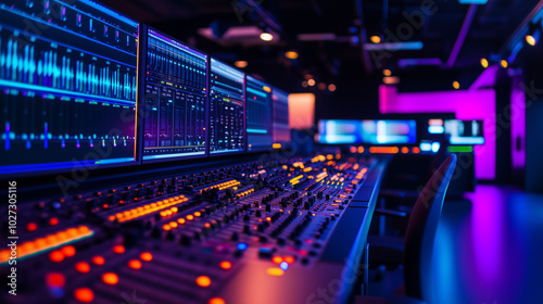 An immersive view of a music production studio, showcasing a complex soundboard with faders, knobs, and glowing LEDs. Multiple screens display sound waveforms and audio tracks in p