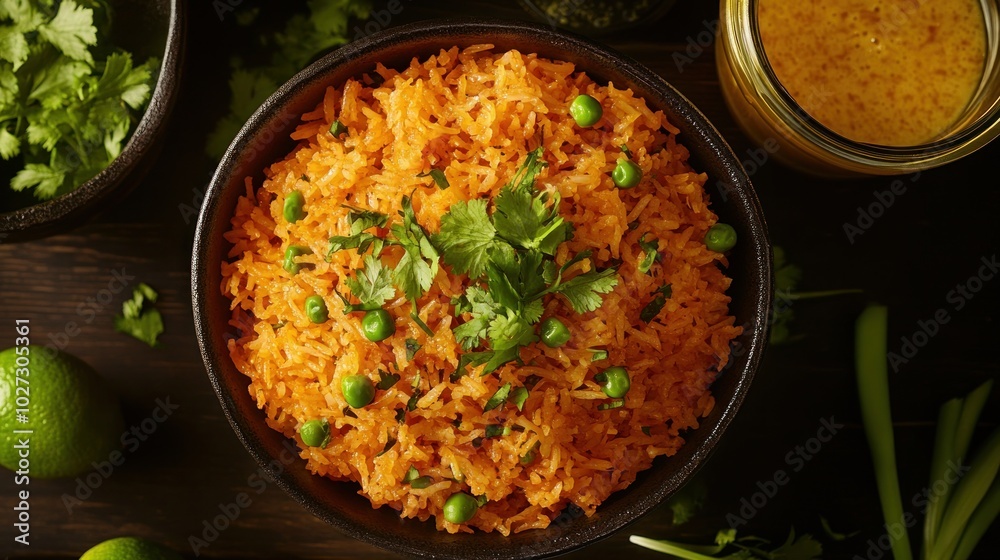 Bowl of Orange Rice with Green Peas and Cilantro Bowl of Orange Rice with Green Peas and Cilantro