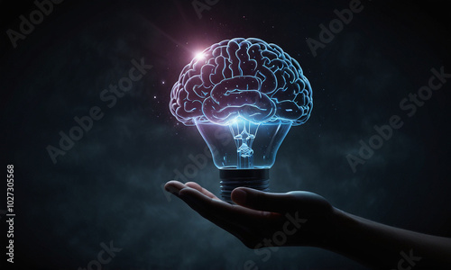 Hand holding a glowing brain-shaped light bulb with sparkles on a dark background