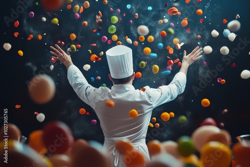 Long shot of a chef conducting an orchestra, colorful ingredients floating around, harmonizing music and cuisine, vibrant colors photo