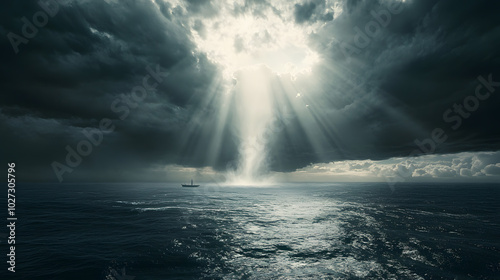 Dramatic waterspout forms from dark storm cloud and touches calm ocean waters