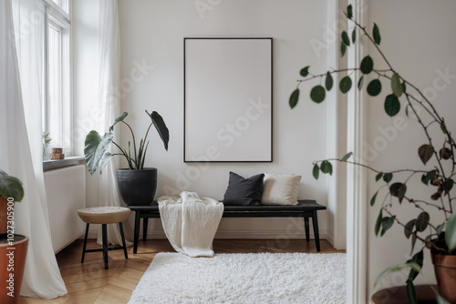 Frame mock-up on a white wall in scandinavian natural style living room, black leather ottoman, potted plants. Empty blank vertical din A poster with black frame in light room interior design photo