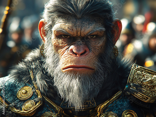 a majestic Wukong game style_monkey_ adorned with a gold armor and a red robe, commanding attention with its stern expression.