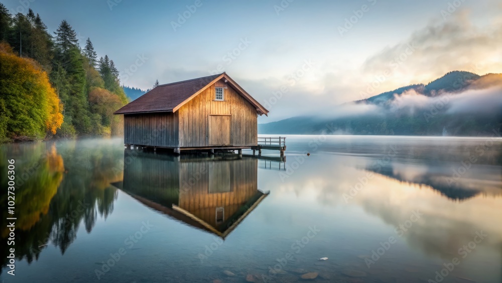 A tranquil wooden boathouse on Lake Walchen at dawn, captured in minimalist photography, showcases serene beauty in Bavaria, Germany, reflecting nature’s peaceful essence. A tranquil wooden boathouse on Lake Walchen at dawn, captured in minimalist photography, showcases serene beauty in Bavaria, Germany, reflecting nature’s peaceful essence.