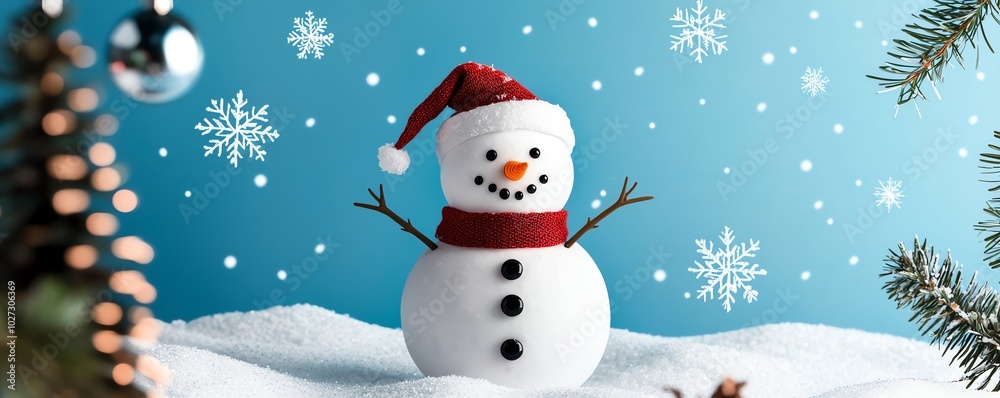 A cheerful snowman with a red hat and scarf sits in a winter wonderland, surrounded by snowflakes and festive decorations. A cheerful snowman with a red hat and scarf sits in a winter wonderland, surrounded by snowflakes and festive decorations.