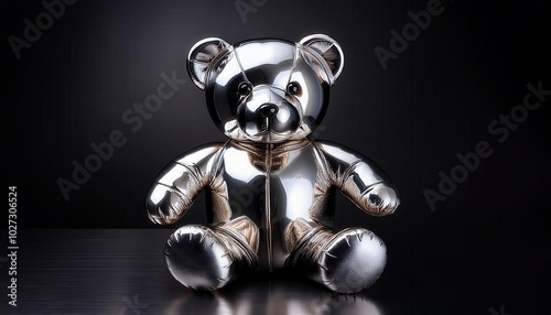 Reflective Metal Teddy Bear. Conceptual Metallic Sculpture for Futuristic Design, Advertising, or Digital Media Campaigns, Ideal for Themes of Luxury, Art, Childhood, and Modernity photo