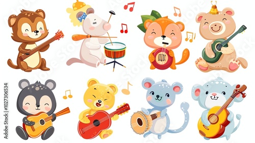 A set of cute cartoon animals playing musical instruments.