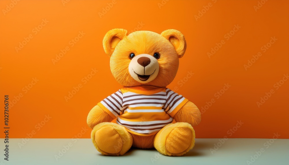 Adorable Plush Teddy Bear in Striped T-Shirt on Vibrant Orange Background. Perfect for Children's Toys, Nursery Decor, and Gift Concepts Adorable Plush Teddy Bear in Striped T-Shirt on Vibrant Orange Background. Perfect for Children's Toys, Nursery Decor, and Gift Concepts
