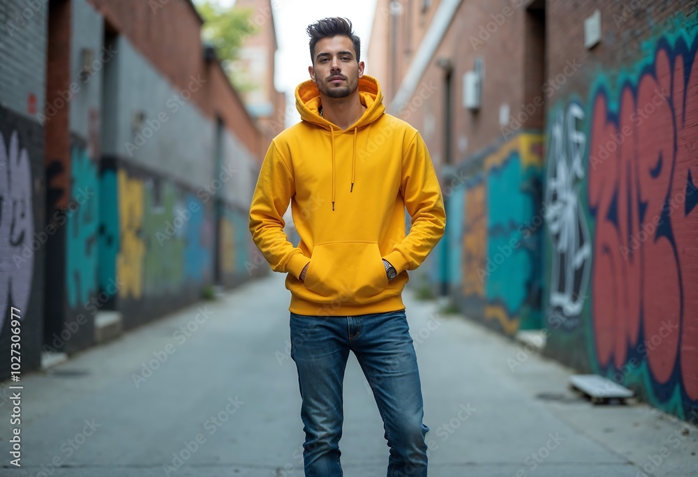 Obraz premium Man in Yellow Hoodie Standing on City Street – Fashion Mockup