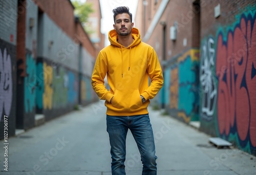 Man in Yellow Hoodie Standing on City Street – Fashion Mockup