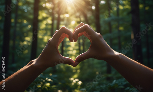Hands Forming Heart Shape with Sunlight in a Lush Green Forest