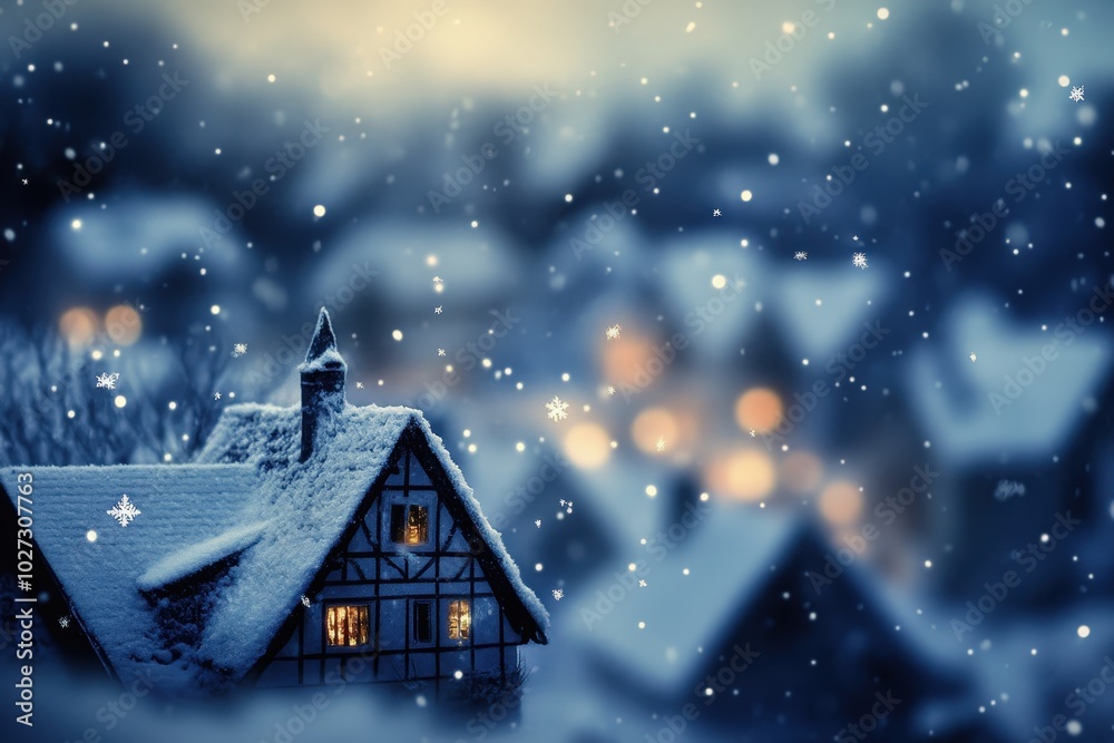 Fototapeta premium Maison en bois sous la neige avec lumière chaleureuse