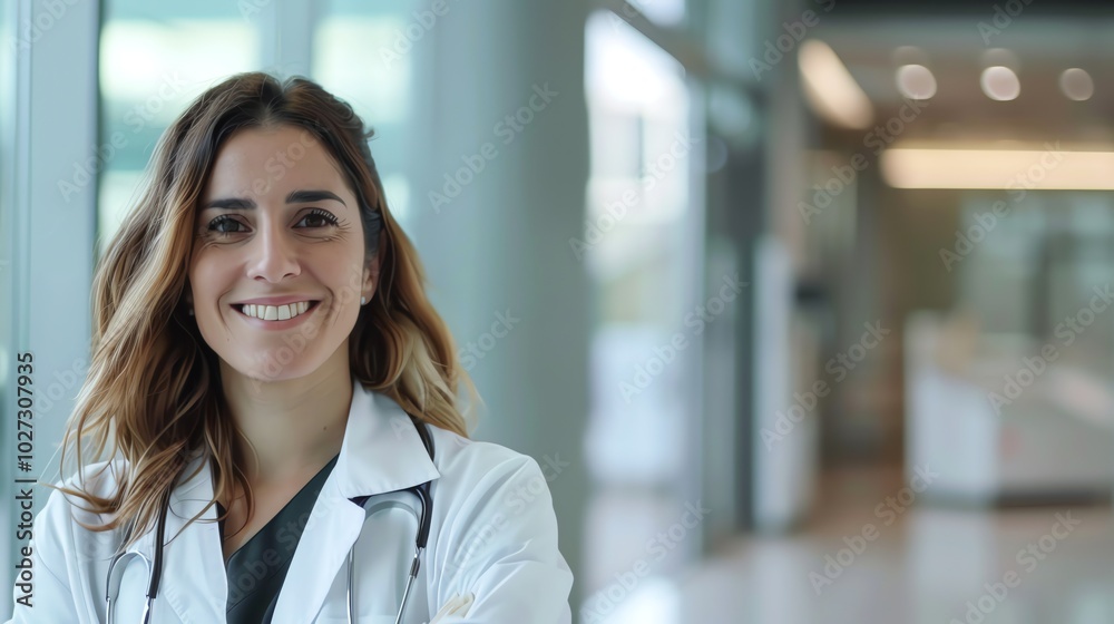 A female doctor smiles and looks directly at the camera. A female doctor smiles and looks directly at the camera.