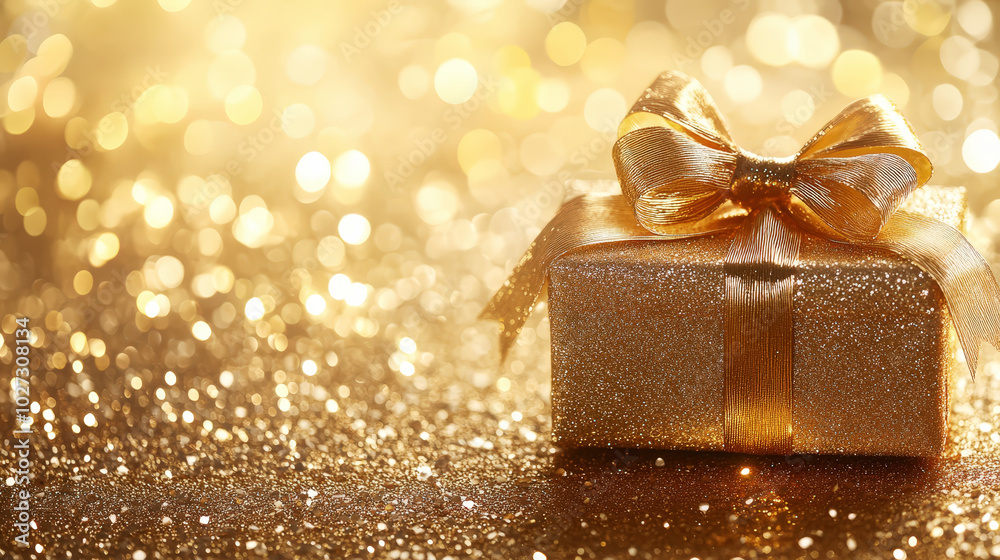 Luxury invitation template with gold glitter gift, copy space, light bokeh background. Generative AI Luxury invitation template with gold glitter gift, copy space, light bokeh background. Generative AI