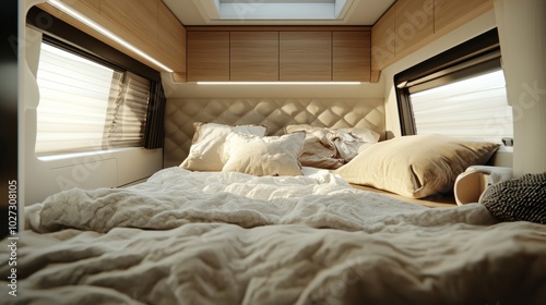 A modern van interior featuring a neatly made bed with fluffy pillows and gentle natural light pouring in.