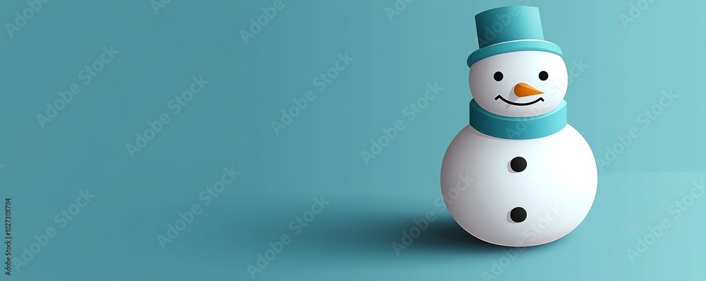 A cheerful snowman with a blue hat and scarf stands against a teal background, evoking a festive winter atmosphere. A cheerful snowman with a blue hat and scarf stands against a teal background, evoking a festive winter atmosphere.