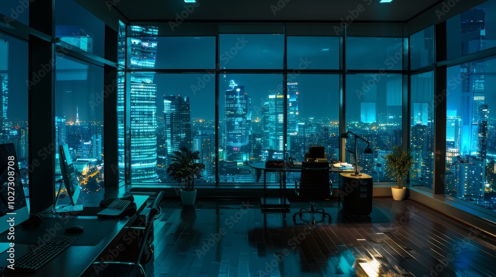 Luxury office interior with night city view.