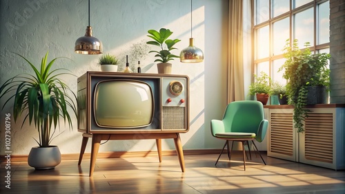 A vintage 3D television stands alone against a white backdrop, ideal for urban exploration photography, showcasing retro design and timeless charm in modern settings. photo