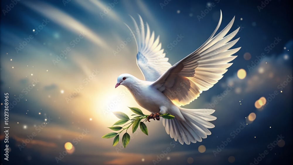 Fototapeta premium A vintage engraving featuring a dove in flight, carrying an olive branch, symbolizes spiritual purity and peace, embodying hope and harmony in timeless elegance.