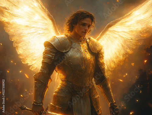 a close-up of Archangel Michael in a fantasy armor, with wings and a sword.