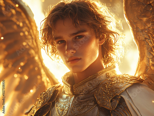 a close-up of Archangel Michael in a fantasy armor, with wings and a sword.