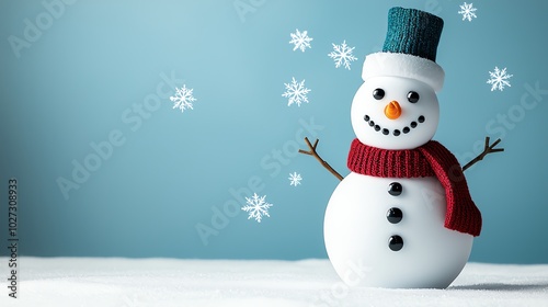A cheerful snowman with a colorful hat and scarf, surrounded by falling snowflakes against a soft blue background.