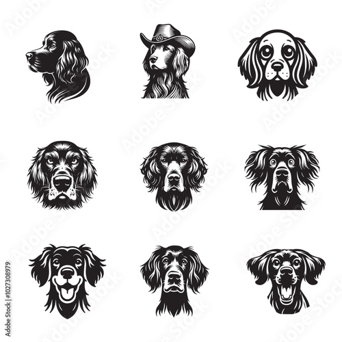 Collection of Irish Setter Dog Face vector illustration - Irish Setter Dog clipart Design in black and white
